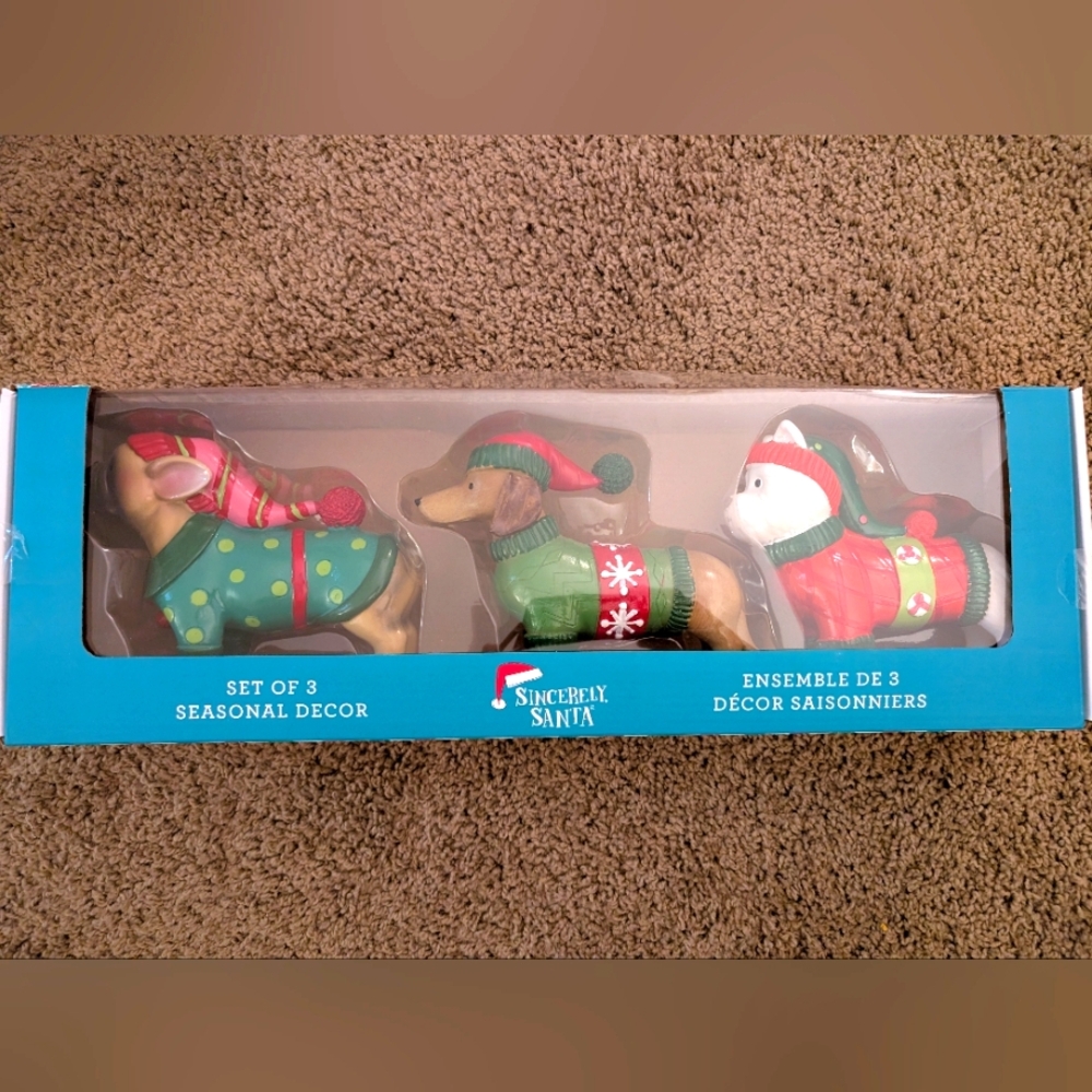 Sincerely Santa boxed set of 3 ceramic Christmas holiday dogs, NEW